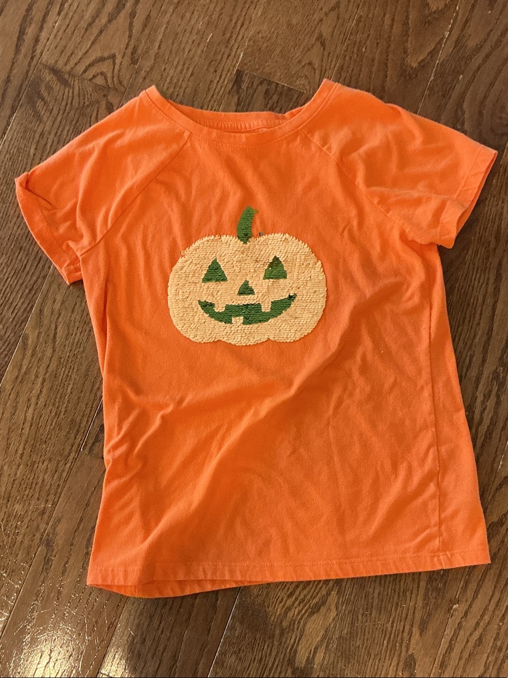 Cat & Jack Orange Pumpkin Applique Tee with Green Detail sequined